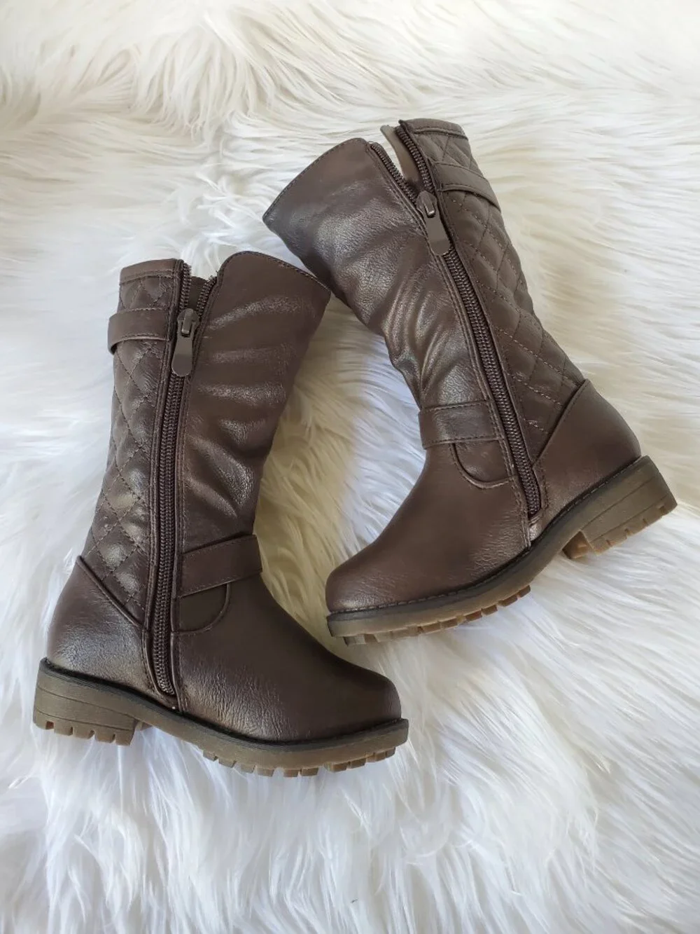 Dream Paris Brown Girl's Mid Calf Quilted Side Panel Buckle Straps Boots SZ 10